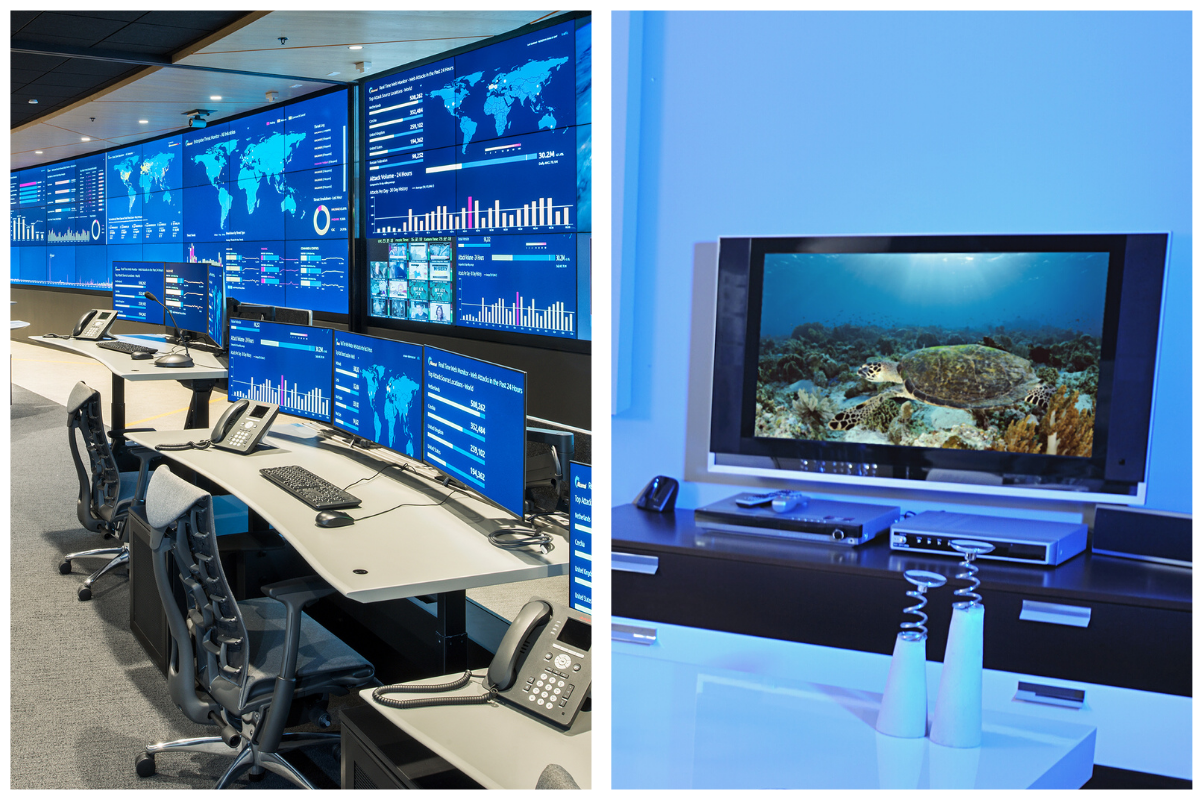 side by side image with commercial grade display video wall and a home television